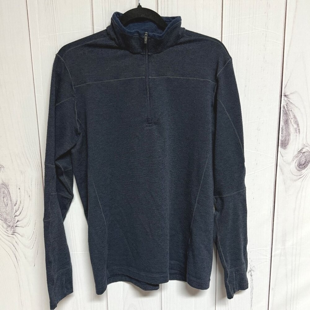 KÜHL Mens Ryzer 1/4 Zip Sweater Medium Dark Storm Blue Thumbholes Fleece EUC